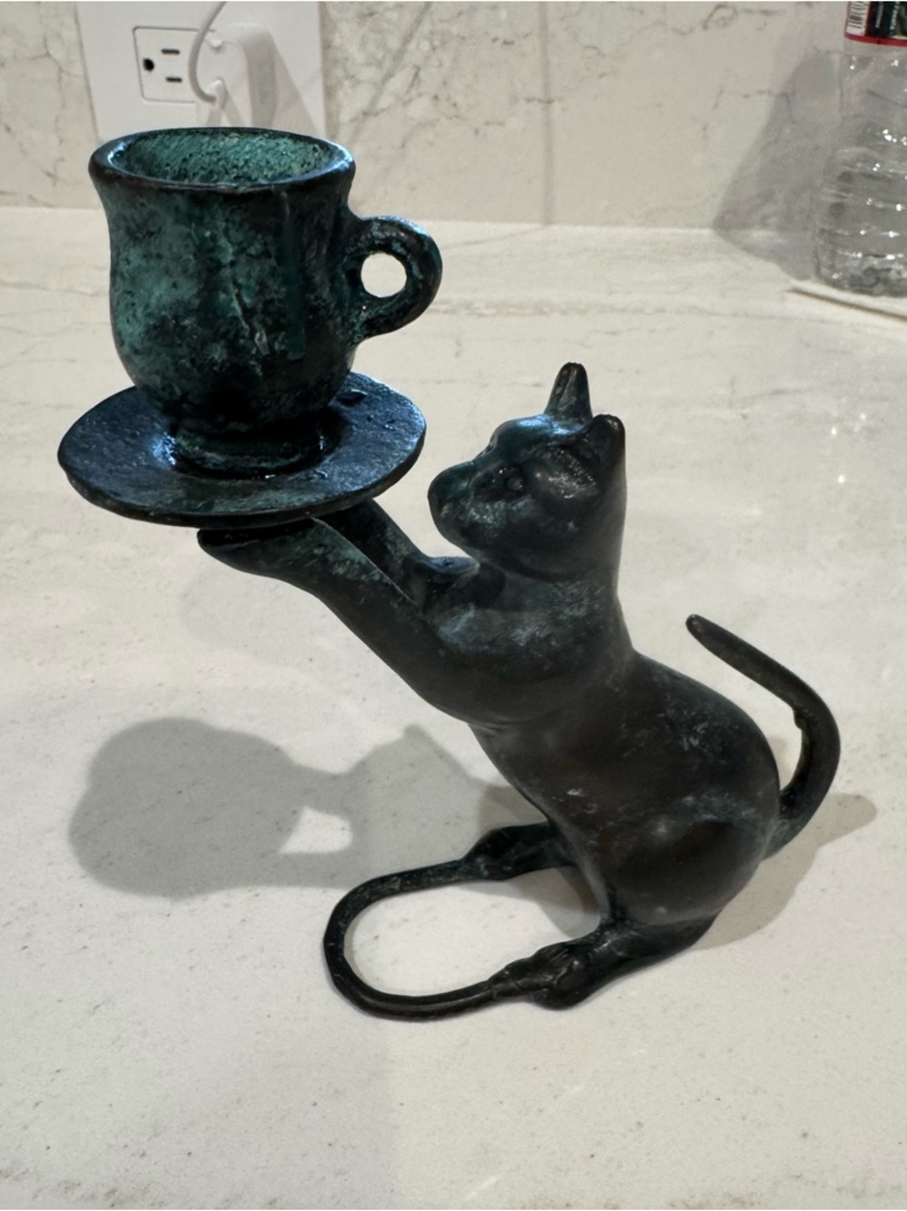 Vintage Bronze Cat Figurine Candle Holder with Cup - Verdigris Patina